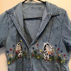 Vintage denim cow flowers sewn shirt